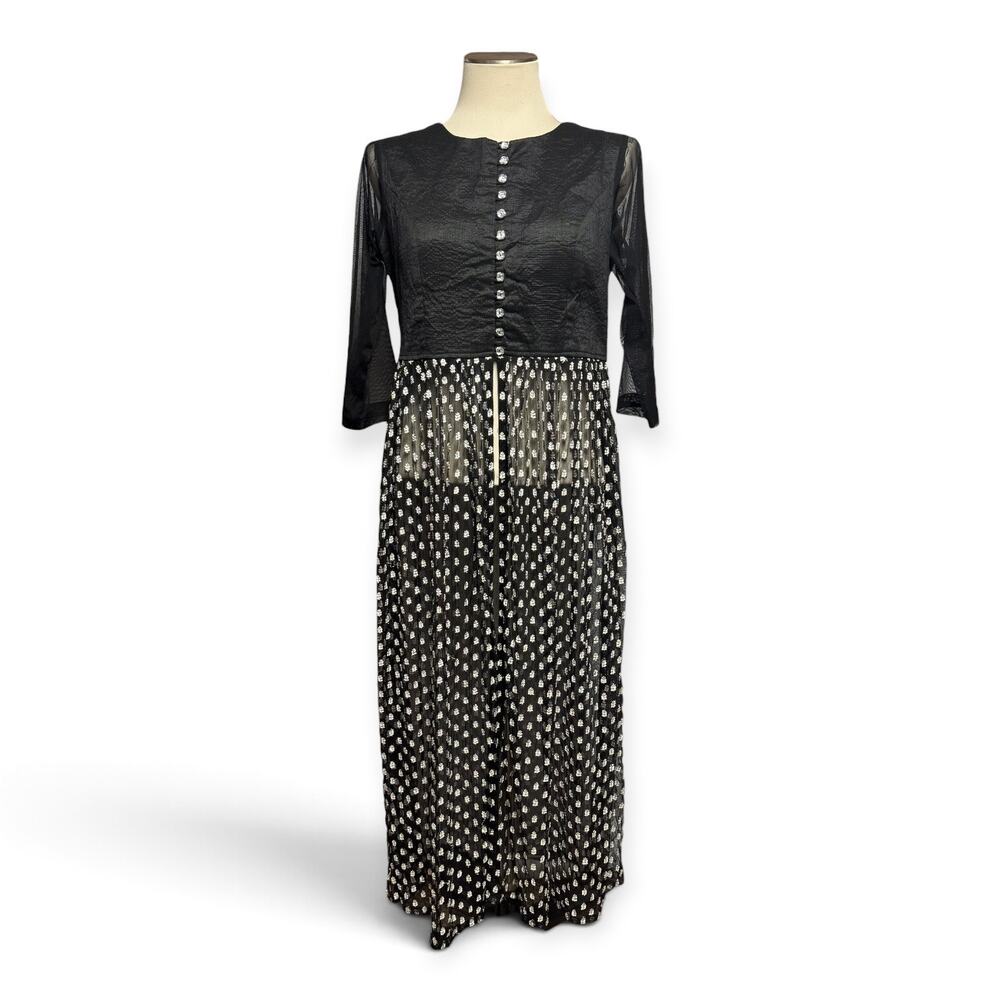 Karishma Maxi Length Overlay Crystal Buttons Sheer 3/4 Sleeves Black XL